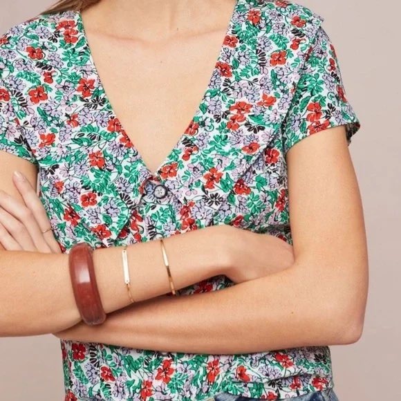 Maeve‎ by Anthropologie Floral Short Sleeve Button Up Blouse, Size 0 - Picture 1 of 8